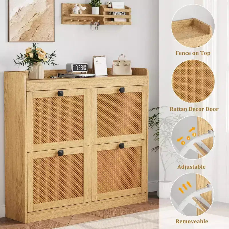 41.3 Shoe Cabinet Rattan with 4 Flip Drawers, Wooden Freestanding Shoe Organizer with Adjustable Shelves, Shoe Storage for Entryway, Closet, Hallway