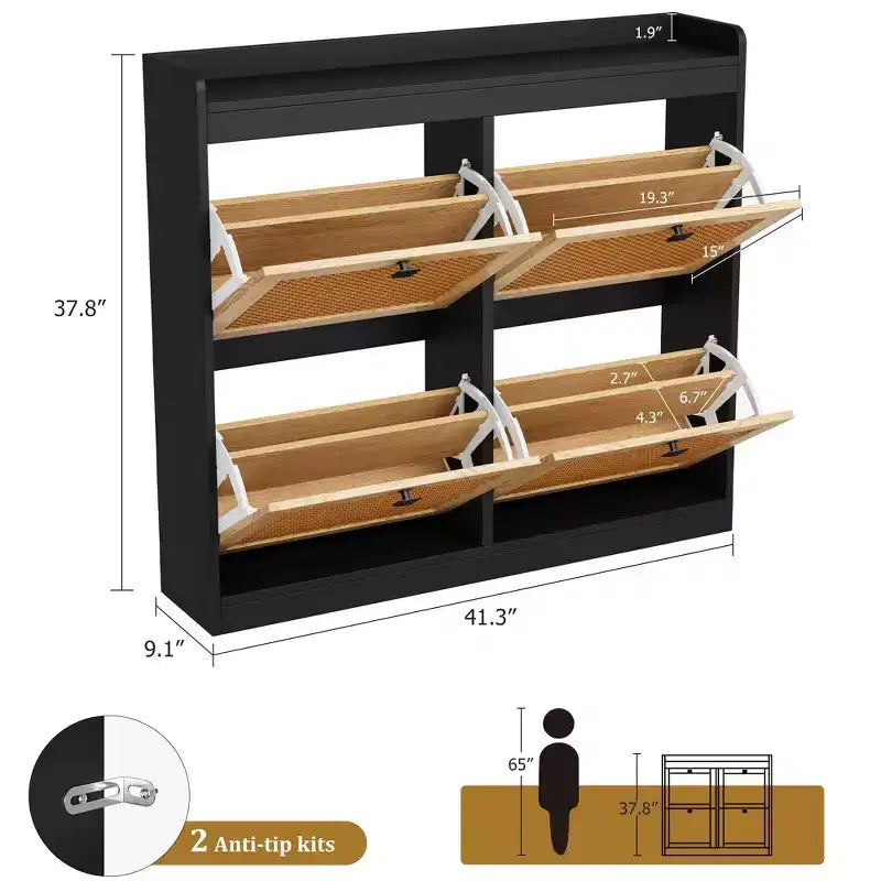 41.3 Shoe Cabinet Rattan with 4 Flip Drawers, Wooden Freestanding Shoe Organizer with Adjustable Shelves, Shoe Storage for Entryway, Closet, Hallway