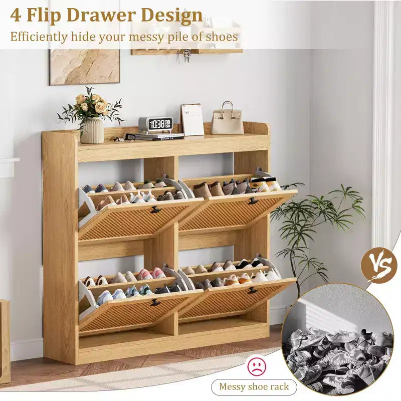 41.3 Shoe Cabinet Rattan with 4 Flip Drawers, Wooden Freestanding Shoe Organizer with Adjustable Shelves, Shoe Storage for Entryway, Closet, Hallway