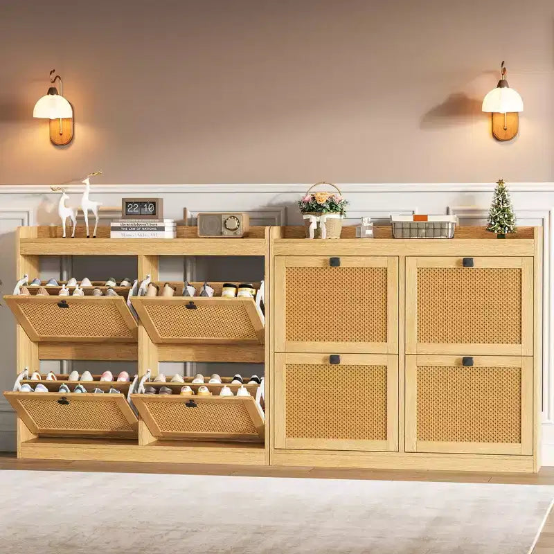 41.3 Shoe Cabinet Rattan with 4 Flip Drawers, Wooden Freestanding Shoe Organizer with Adjustable Shelves, Shoe Storage for Entryway, Closet, Hallway