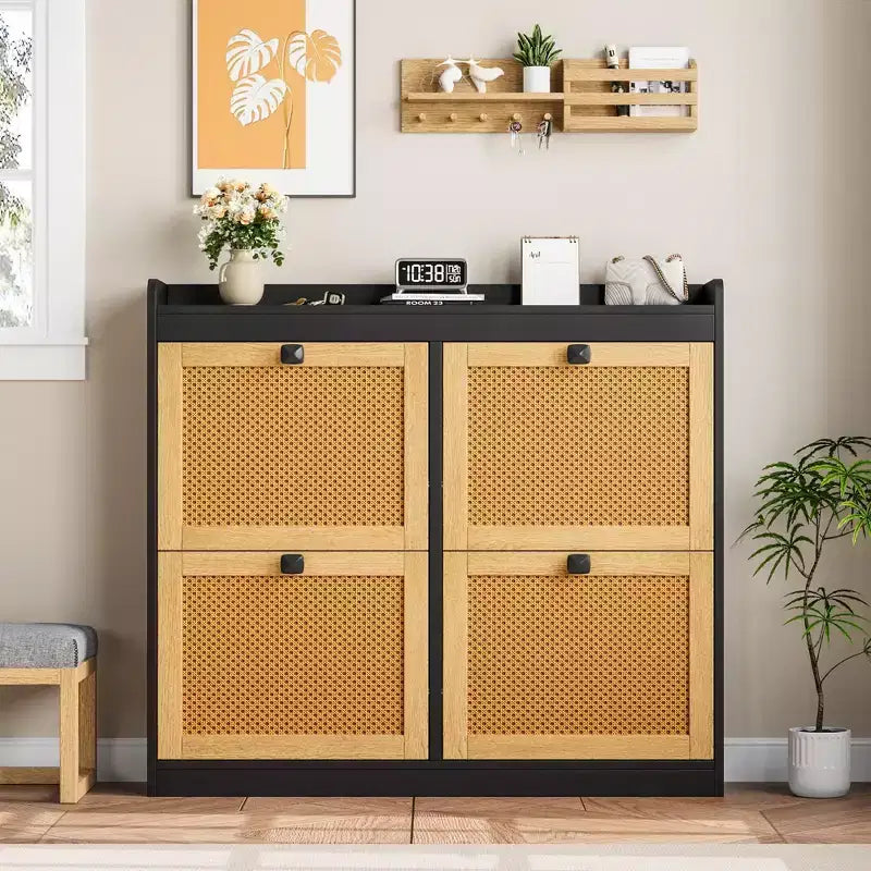 41.3 Shoe Cabinet Rattan with 4 Flip Drawers, Wooden Freestanding Shoe Organizer with Adjustable Shelves, Shoe Storage for Entryway, Closet, Hallway