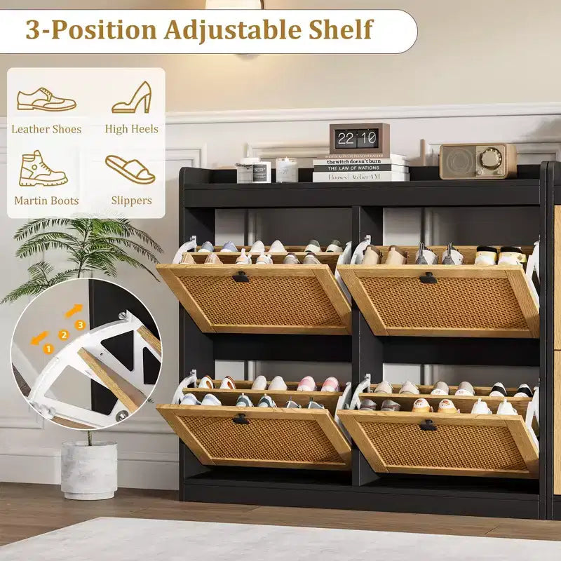 41.3 Shoe Cabinet Rattan with 4 Flip Drawers, Wooden Freestanding Shoe Organizer with Adjustable Shelves, Shoe Storage for Entryway, Closet, Hallway