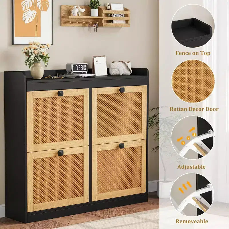 41.3 Shoe Cabinet Rattan with 4 Flip Drawers, Wooden Freestanding Shoe Organizer with Adjustable Shelves, Shoe Storage for Entryway, Closet, Hallway