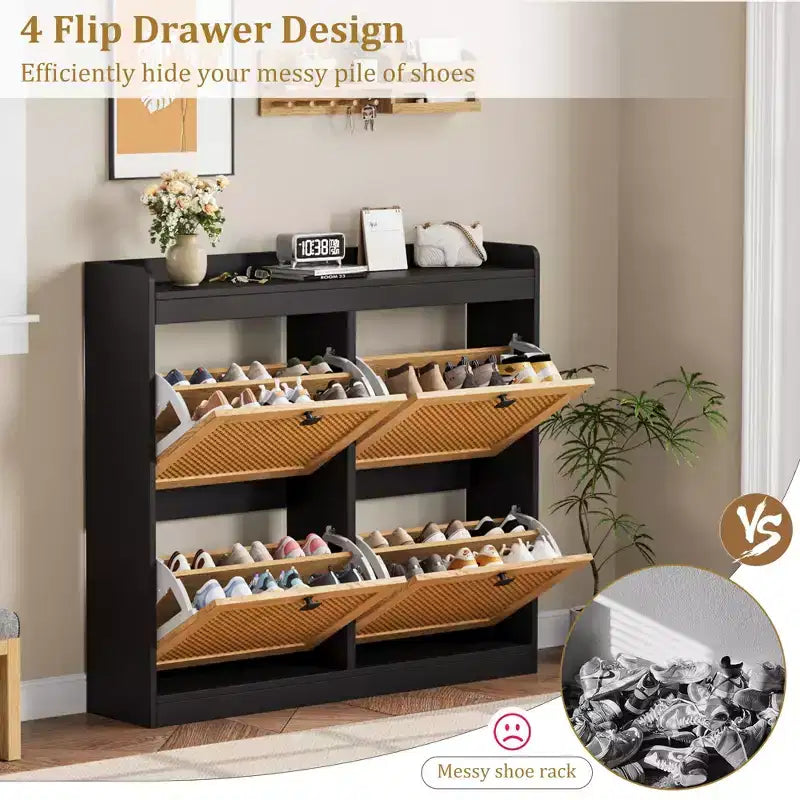 41.3 Shoe Cabinet Rattan with 4 Flip Drawers, Wooden Freestanding Shoe Organizer with Adjustable Shelves, Shoe Storage for Entryway, Closet, Hallway