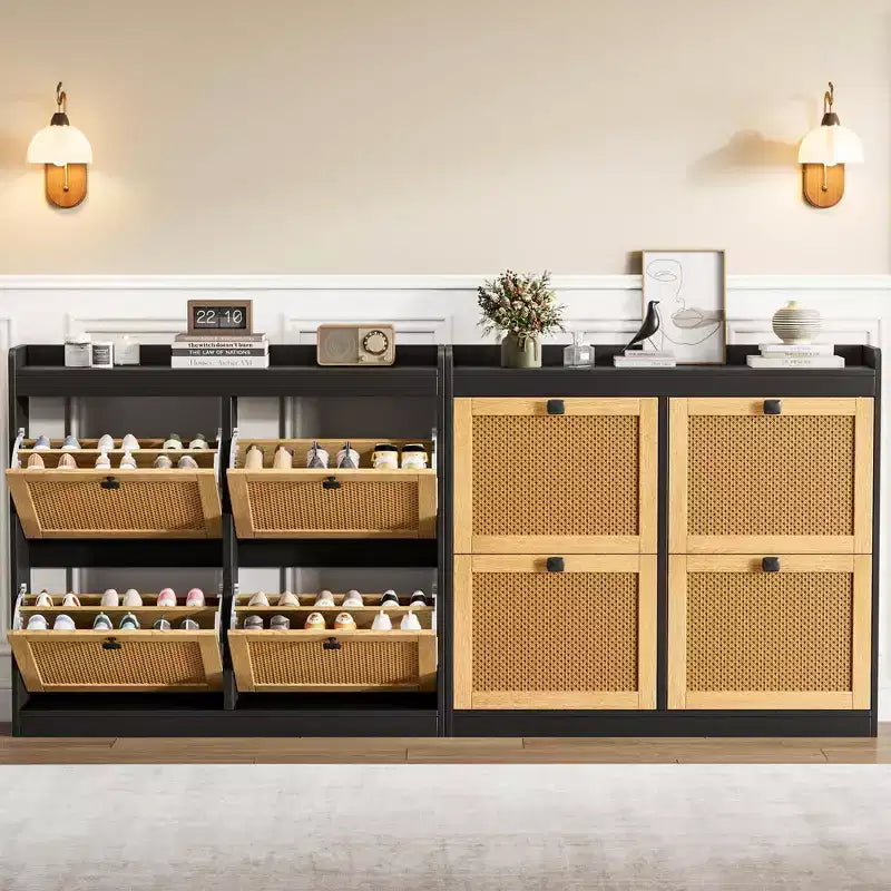 41.3 Shoe Cabinet Rattan with 4 Flip Drawers, Wooden Freestanding Shoe Organizer with Adjustable Shelves, Shoe Storage for Entryway, Closet, Hallway