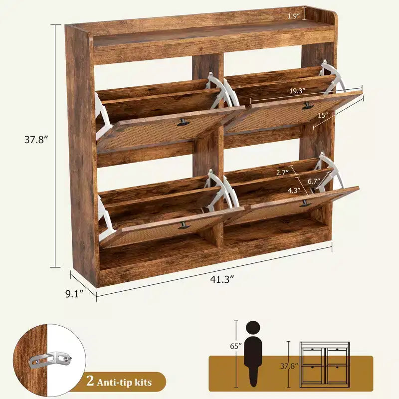41.3 Shoe Cabinet Rattan with 4 Flip Drawers, Wooden Freestanding Shoe Organizer with Adjustable Shelves, Shoe Storage for Entryway, Closet, Hallway