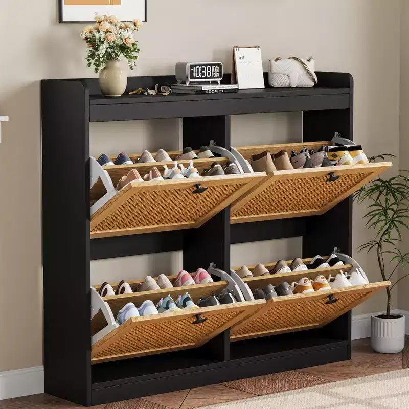 41.3 Shoe Cabinet Rattan with 4 Flip Drawers, Wooden Freestanding Shoe Organizer with Adjustable Shelves, Shoe Storage for Entryway, Closet, Hallway