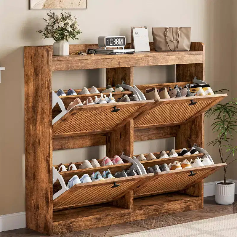41.3 Shoe Cabinet Rattan with 4 Flip Drawers, Wooden Freestanding Shoe Organizer with Adjustable Shelves, Shoe Storage for Entryway, Closet, Hallway