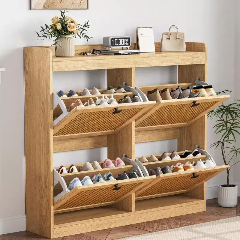 41.3 Shoe Cabinet Rattan with 4 Flip Drawers, Wooden Freestanding Shoe Organizer with Adjustable Shelves, Shoe Storage for Entryway, Closet, Hallway