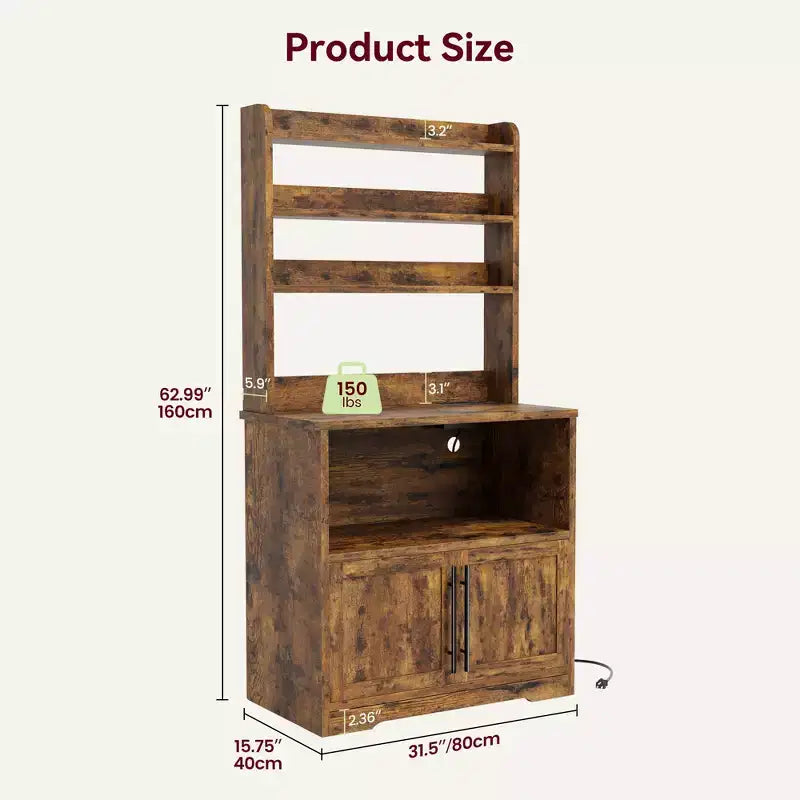 Farmhouse Microwave Stand Bakers Rack with Power Outlet, 63 Freestanding Bakers Rack with Thickened Counter, Easy Assembly,White Peer Wood