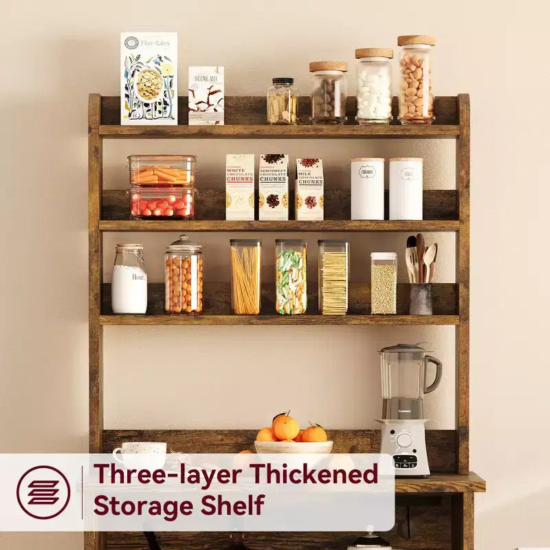 Farmhouse Microwave Stand Bakers Rack with Power Outlet, 63 Freestanding Bakers Rack with Thickened Counter, Easy Assembly,White Peer Wood