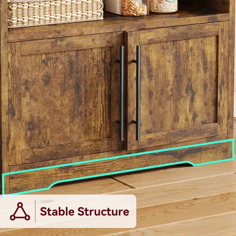 Farmhouse Microwave Stand Bakers Rack with Power Outlet, 63 Freestanding Bakers Rack with Thickened Counter, Easy Assembly,White Peer Wood
