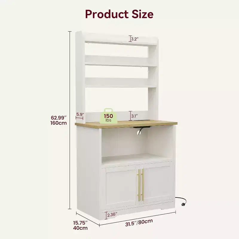 Farmhouse Microwave Stand Bakers Rack with Power Outlet, 63 Freestanding Bakers Rack with Thickened Counter, Easy Assembly,White Peer Wood