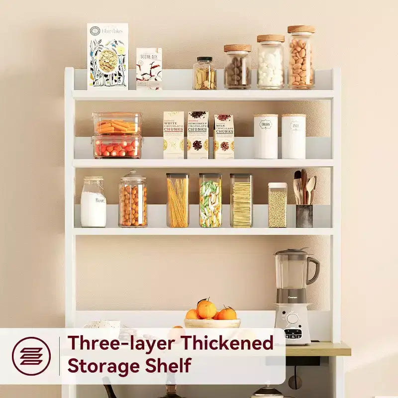 Farmhouse Microwave Stand Bakers Rack with Power Outlet, 63 Freestanding Bakers Rack with Thickened Counter, Easy Assembly,White Peer Wood