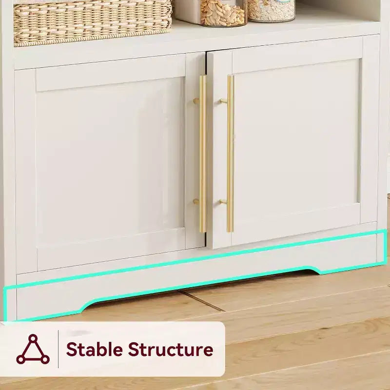 Farmhouse Microwave Stand Bakers Rack with Power Outlet, 63 Freestanding Bakers Rack with Thickened Counter, Easy Assembly,White Peer Wood
