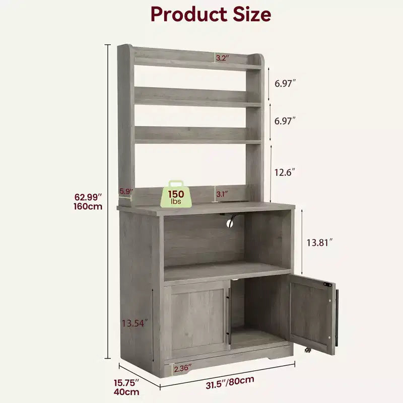 Farmhouse Microwave Stand Bakers Rack with Power Outlet, 63 Freestanding Bakers Rack with Thickened Counter, Easy Assembly,White Peer Wood