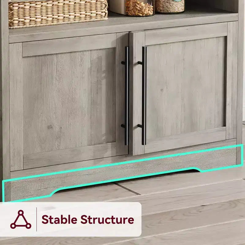 Farmhouse Microwave Stand Bakers Rack with Power Outlet, 63 Freestanding Bakers Rack with Thickened Counter, Easy Assembly,White Peer Wood