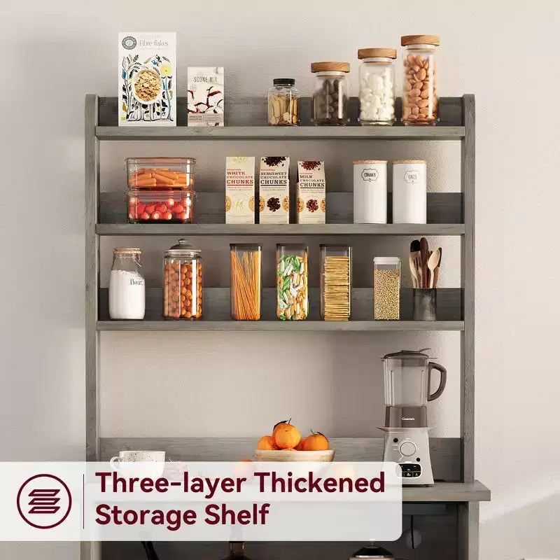 Farmhouse Microwave Stand Bakers Rack with Power Outlet, 63 Freestanding Bakers Rack with Thickened Counter, Easy Assembly,White Peer Wood