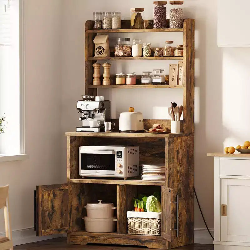 Farmhouse Microwave Stand Bakers Rack with Power Outlet, 63 Freestanding Bakers Rack with Thickened Counter, Easy Assembly,White Peer Wood