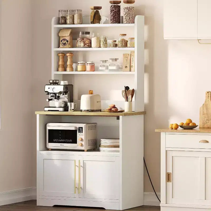 Farmhouse Microwave Stand Bakers Rack with Power Outlet, 63 Freestanding Bakers Rack with Thickened Counter, Easy Assembly,White Peer Wood