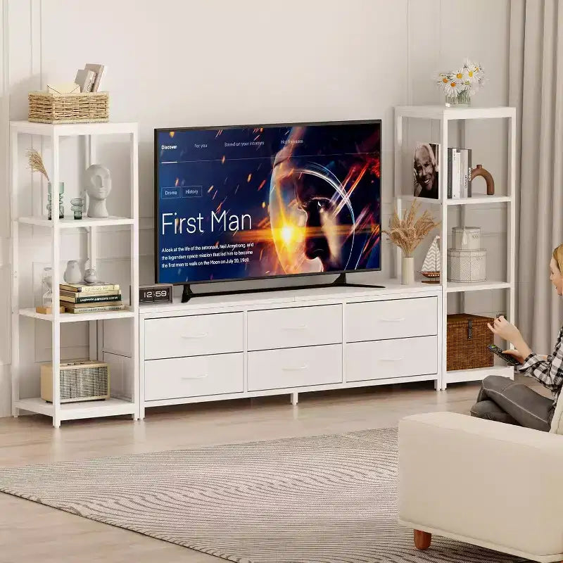 Acekool TV Stand for 75 Inch TV, Modern Entertainment Center with Drawers, Bookshelves and Power Outlets