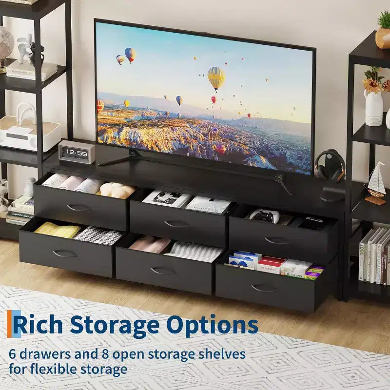 Acekool TV Stand for 75 Inch TV, Modern Entertainment Center with Drawers, Bookshelves and Power Outlets