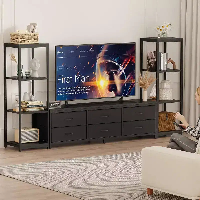 Acekool TV Stand for 75 Inch TV, Modern Entertainment Center with Drawers, Bookshelves and Power Outlets