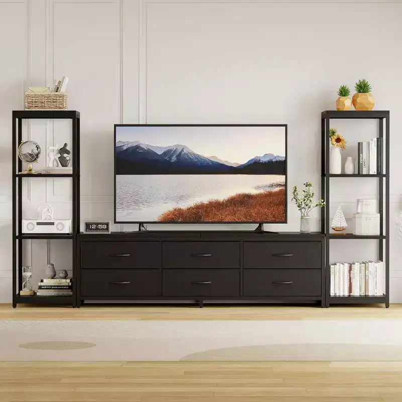 Acekool TV Stand for 75 Inch TV, Modern Entertainment Center with Drawers, Bookshelves and Power Outlets