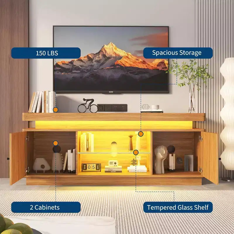 63'' TV Stand, Entertainment Center with Storage and Adjustable Shelf, TV Console with Power Outlet for Living Room, Modern Media Console