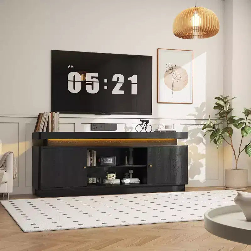 63'' TV Stand, Entertainment Center with Storage and Adjustable Shelf, TV Console with Power Outlet for Living Room, Modern Media Console