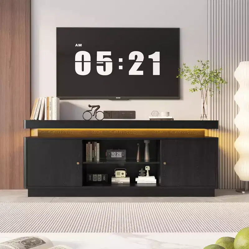 63'' TV Stand, Entertainment Center with Storage and Adjustable Shelf, TV Console with Power Outlet for Living Room, Modern Media Console