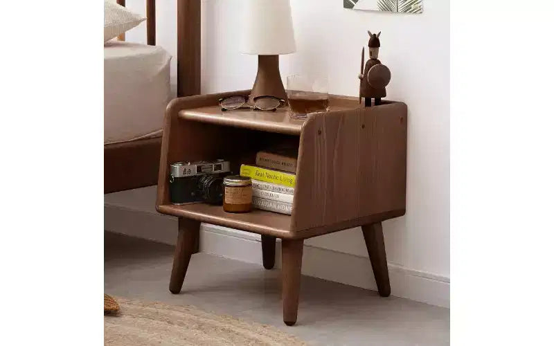 TUYOHW European Beechwood Round Nightstand with Cable Management, Space-Saving Small Side Table for Bedroom Living Room, Modern Bedside Table