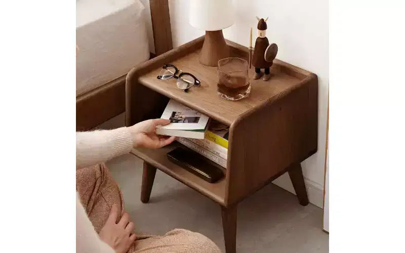 TUYOHW European Beechwood Round Nightstand with Cable Management, Space-Saving Small Side Table for Bedroom Living Room, Modern Bedside Table