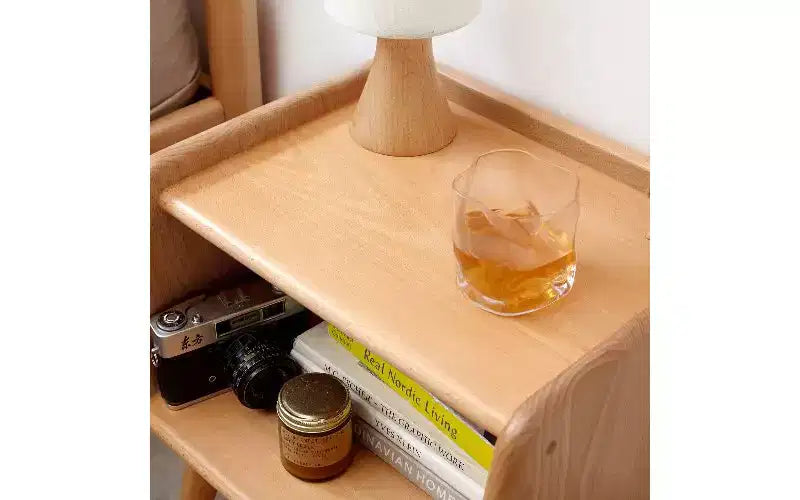 TUYOHW European Beechwood Round Nightstand with Cable Management, Space-Saving Small Side Table for Bedroom Living Room, Modern Bedside Table