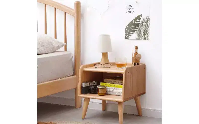 TUYOHW European Beechwood Round Nightstand with Cable Management, Space-Saving Small Side Table for Bedroom Living Room, Modern Bedside Table