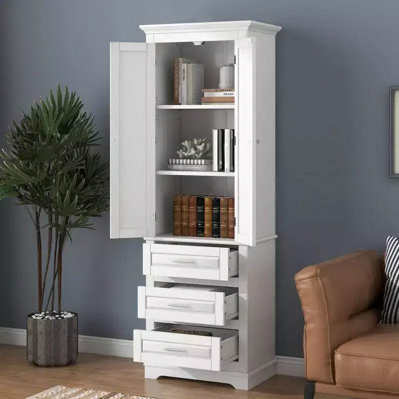 GDFStudio Poppy Modern Tall Wood Bathroom Storage Cabinet with 3 Drawers and Adjustable Shelved Cabinet