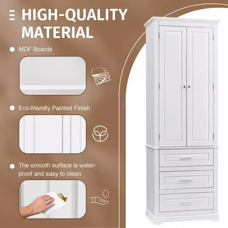 GDFStudio Poppy Modern Tall Wood Bathroom Storage Cabinet with 3 Drawers and Adjustable Shelved Cabinet