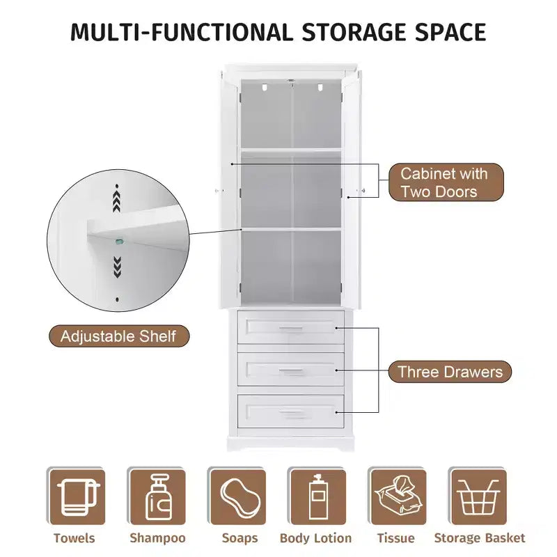 GDFStudio Poppy Modern Tall Wood Bathroom Storage Cabinet with 3 Drawers and Adjustable Shelved Cabinet