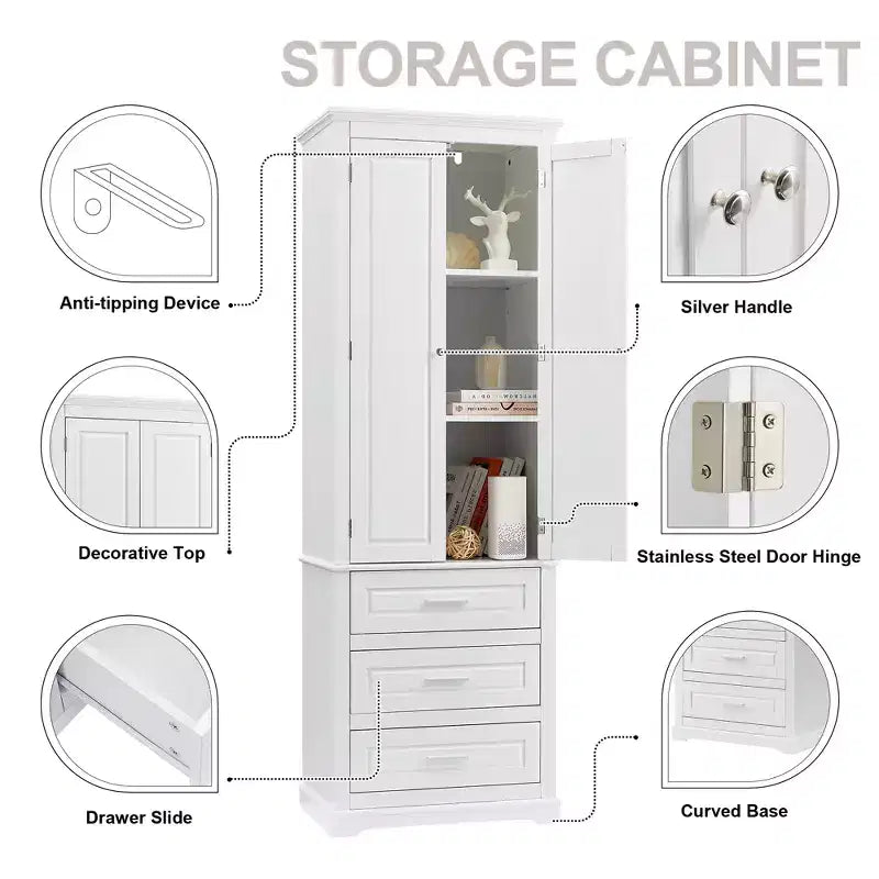 GDFStudio Poppy Modern Tall Wood Bathroom Storage Cabinet with 3 Drawers and Adjustable Shelved Cabinet