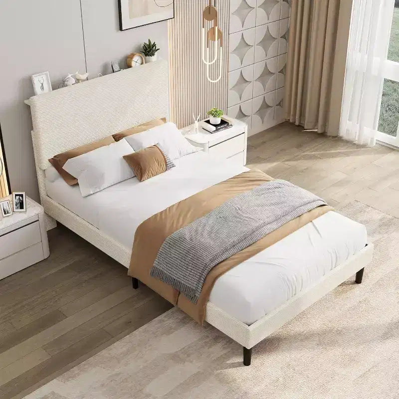 Bed Frame with USB Charging Station, Corduroy Upholstered Platform Bed Frame with Adjustable Storage Headboard, Easy Assembly