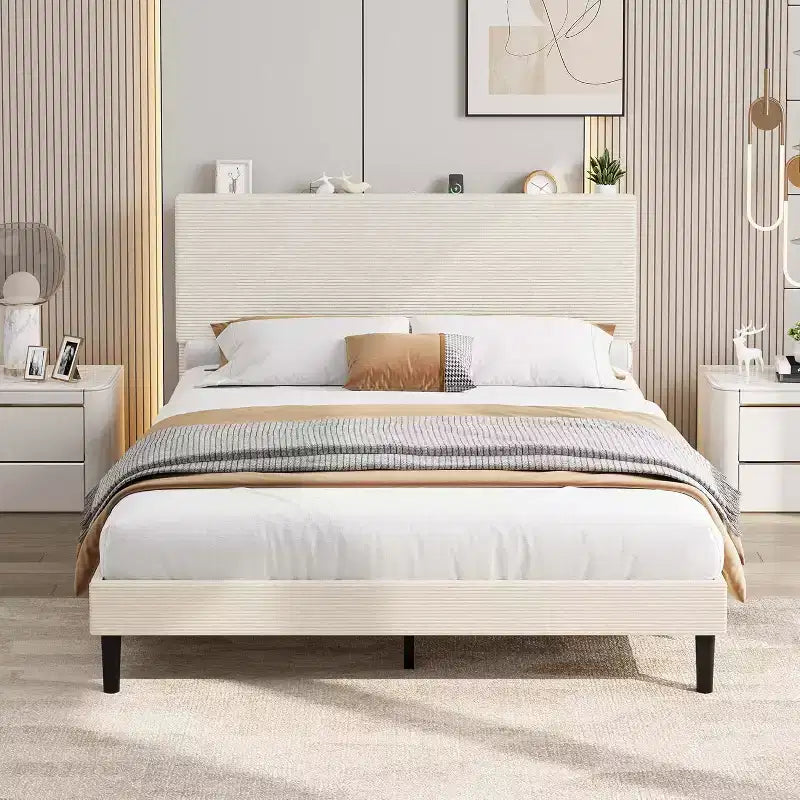 Bed Frame with USB Charging Station, Corduroy Upholstered Platform Bed Frame with Adjustable Storage Headboard, Easy Assembly