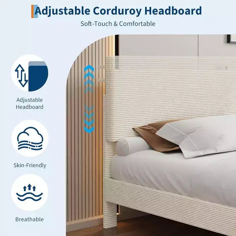 Bed Frame with USB Charging Station, Corduroy Upholstered Platform Bed Frame with Adjustable Storage Headboard, Easy Assembly