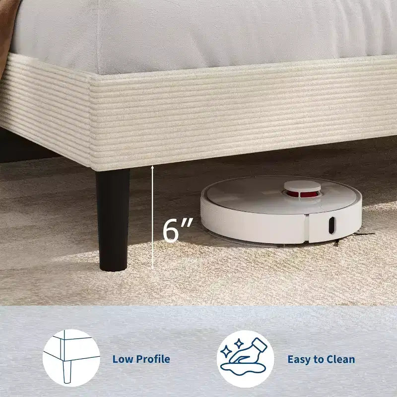 Bed Frame with USB Charging Station, Corduroy Upholstered Platform Bed Frame with Adjustable Storage Headboard, Easy Assembly