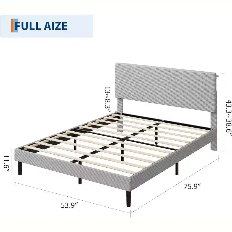 Bed Frame with USB Charging Station, Corduroy Upholstered Platform Bed Frame with Adjustable Storage Headboard, Easy Assembly
