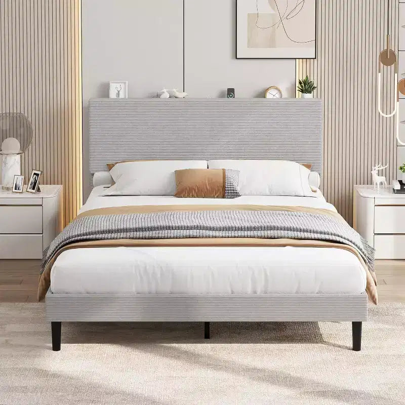 Bed Frame with USB Charging Station, Corduroy Upholstered Platform Bed Frame with Adjustable Storage Headboard, Easy Assembly