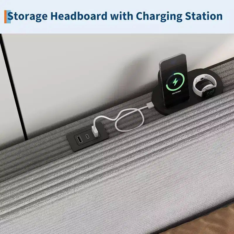 Bed Frame with USB Charging Station, Corduroy Upholstered Platform Bed Frame with Adjustable Storage Headboard, Easy Assembly