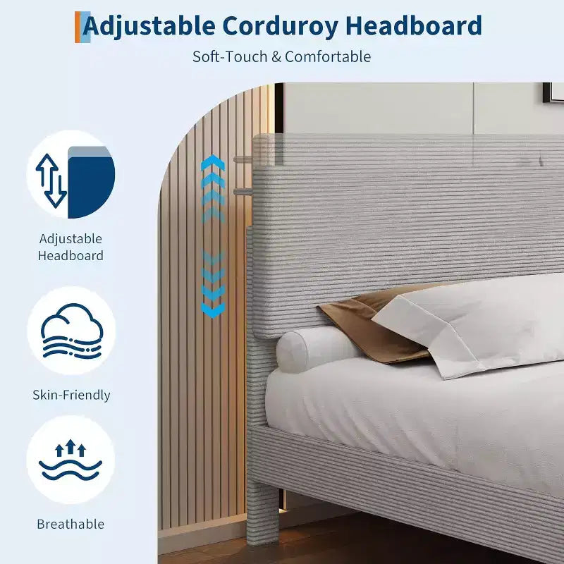 Bed Frame with USB Charging Station, Corduroy Upholstered Platform Bed Frame with Adjustable Storage Headboard, Easy Assembly