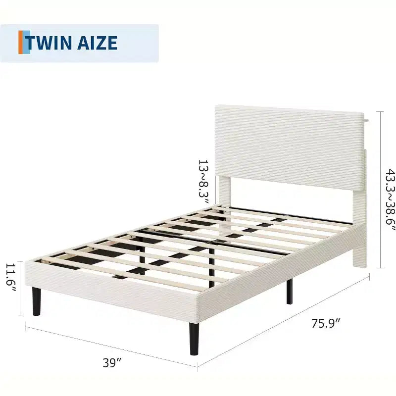Bed Frame with USB Charging Station, Corduroy Upholstered Platform Bed Frame with Adjustable Storage Headboard, Easy Assembly
