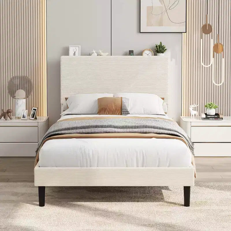 Bed Frame with USB Charging Station, Corduroy Upholstered Platform Bed Frame with Adjustable Storage Headboard, Easy Assembly
