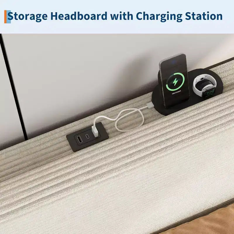 Bed Frame with USB Charging Station, Corduroy Upholstered Platform Bed Frame with Adjustable Storage Headboard, Easy Assembly